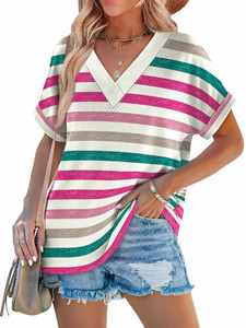 2026 European American for New Women's <b>Clothing</b> Pattern Casual V-neck Striped Multicolor Short Sleeve Loose Polyester Hot - Product Image 1