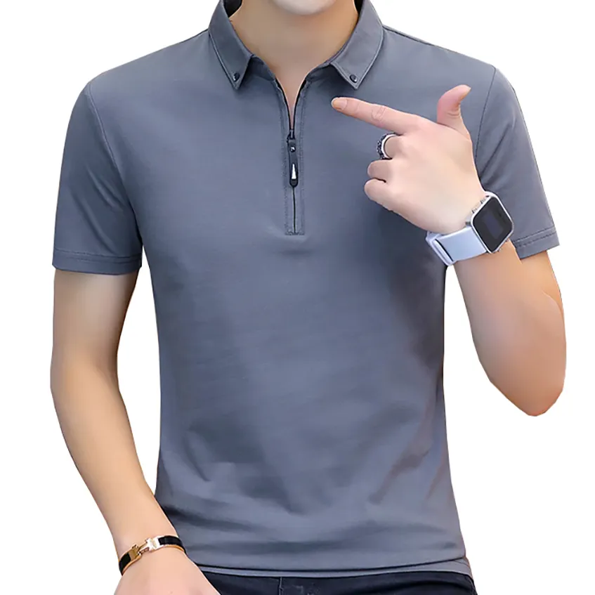 夏のファッションコットン半袖Tシャツジッパーターンダウンカラー韓国スタイルLed Tシャツ布男性用