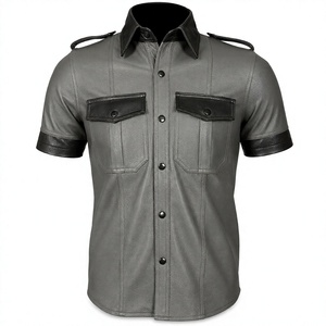 Two Tone Grey Sheep <b>Leather</b> Short Sleeve Shirt Epaulette Uniform Style Genuine <b>Lambskin</b> Top for Clubwear - Product Image 1