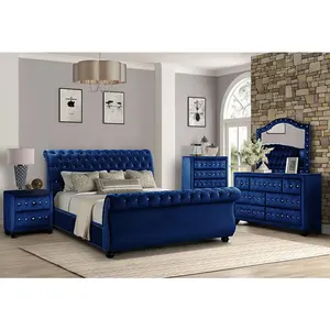 Pinzhi Furniture Hot Sale Sleigh Bed Luxury Furniture King Size Chesterfield Blue Velvet Bed for Hotel Bedroom Sets