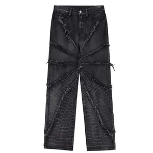 Celana jins cuci mode OEM jeans desain pinggiran batu mentah jalanan tinggi kustom celana kaki lurus kasual kepribadian untuk wanita