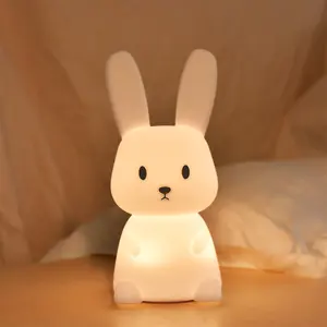 귀여운 실리콘 동물 흰 토끼 LED 조명 탭 제어 RGB 색상 충전식 밤 램프