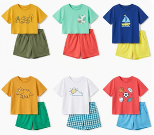 Ensemble d'été haut de gamme pour enfants, col rond, manches courtes, shorts, motifs et couleurs variés, lot en gros, coton - Product Image 2