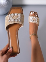 Sandales plates à bout carré en raphia pour femmes avec décoration de perles et de strass, tongs d'été pour la plage