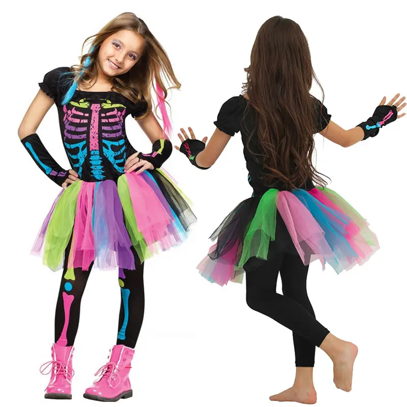 Halloween Costume Carnival Cosplay Girl Party Dress Children Rainbow Skeleton Costume Three Pieces Set Girls Dresses