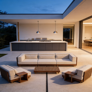 Ensemble de <span class=keywords><strong>salon</strong></span> de <span class=keywords><strong>jardin</strong></span> minimaliste nordique avec lattes en <span class=keywords><strong>bois</strong></span> naturel et tissu résistant aux intempéries et aux UV pour projets haut de gamme - Product Image 2