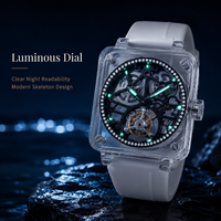 Montres mécaniques automatiques de Tourbillon carré de luxe pour hommes horloge de montre-bracelet de Sport en caoutchouc squelette lumineux