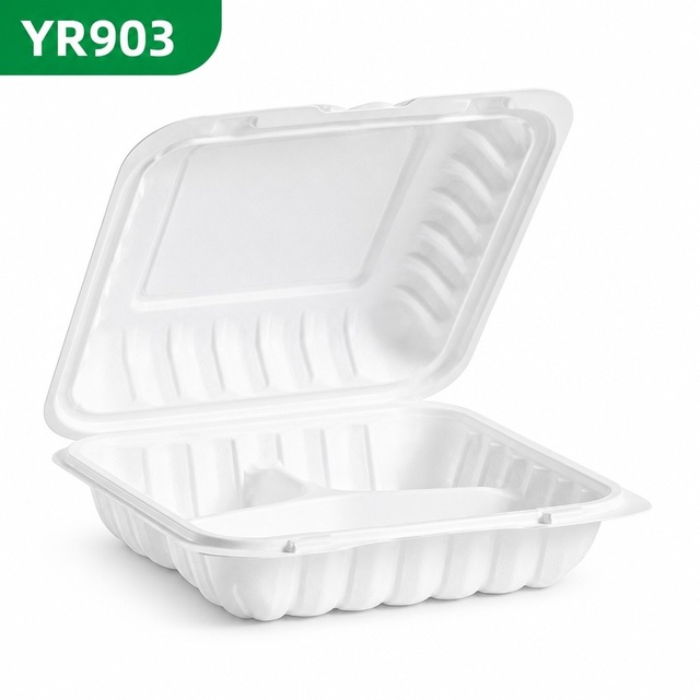 9"x9" Sturdy 903 3 Compartment Large MFPP Recyclable Mineral Plastic Clamshell Takeout Food Container Meal Box With Hinged Lid