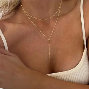 Exquisita Cadena de cuentas en capas chapada en oro de 14K, cadena de labios, collar cruzado de perlas CZ, collar largo delicado en Y, regalos para mujeres - Product Image 3