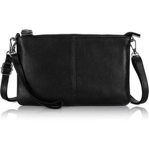 Women's Vintage Genuine Leather <b>Wristlet</b> Crossbody Clutch Purse with Silver Zipper Closure – Black - Product Image 1