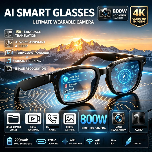 2026 AI Smart Glasses Camera 1080P HD Video Recording Audio Real-Time Translation IPX-4 Waterproof Type-C Charging Glasses