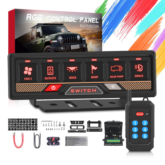High Power 6 Gang Remote Wireless Control Switch Panel and Control Box Kit 12V Waterproof for 4x4 Off Road Lighting