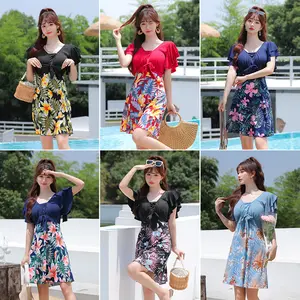 Women's Plus-size Floral Dress Cover Slim Conservative Bathing Spa Beach Vacation Swimsuit