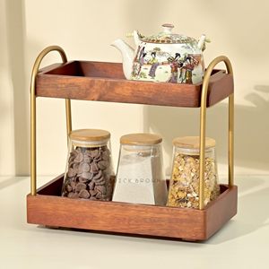 Double Layer Wooden Storage <b>Rack</b> With Metal Handles For Kitchen Pantry Organization Desktop Display <b>Shelf</b> Rectangle Shape - Product Image 1