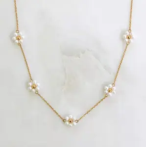 Dainty Flower Pearl Station Necklace