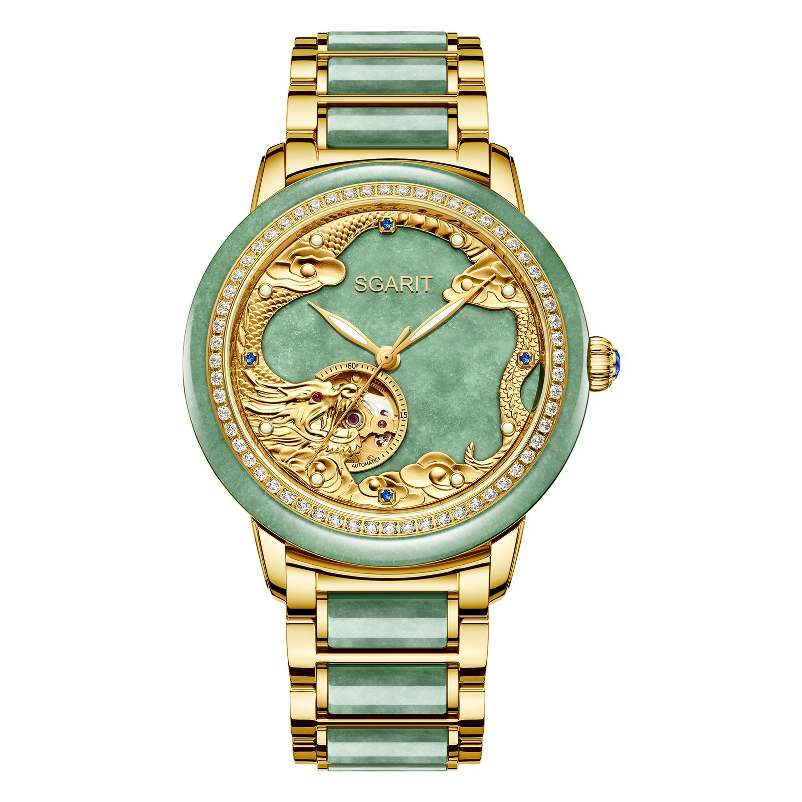 Luxury Natural Green Jadeite Hollow Dragon Engraved Automatic Mechanical Gold Plated Diamond Bezel Mens Business Wrist Watch