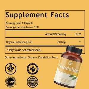 Capsules de racine de pissenlit biologique pure, 530 mg, racine de pissenlit séchée, produits naturels complets - Product Image 2