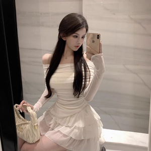 White Moonlight Off Shoulder Cake <b>Skirt</b> Set <b>Elastic</b> Waist Solid Color Tiered Party Dress Apricot Top And <b>Skirt</b> - Product Image 4