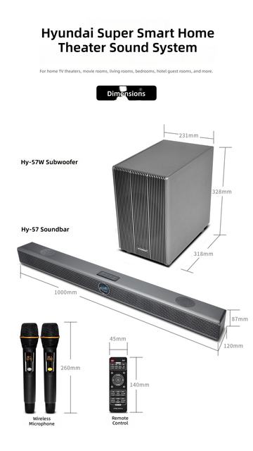 Cost Effective HY-57 Soundbar + HY-57W Subwoofer Bluetooth Home KTV Sound System With Wireless Microphones & Remote For TV Party