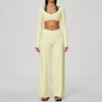 Nouvel Arrivage Tenue de Fitness Femme Coupe Slim, Haut Halter à Manches Longues avec Couche Intégrée, Effet Ventre Plat et Pantalon Large Effet Fesses Galbées, Vêtements de Yoga