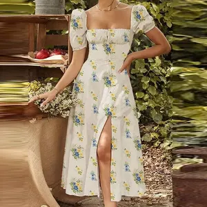 CHICEVER Floral Printing Square Collar Puff Sleeve High Waist Women Dresses Long Printed Dress