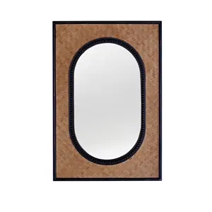 New Custom Oval Mirror Living Room Art Deco Wall Hanging Handmade Bamboo Wood Frame Wall Mirror