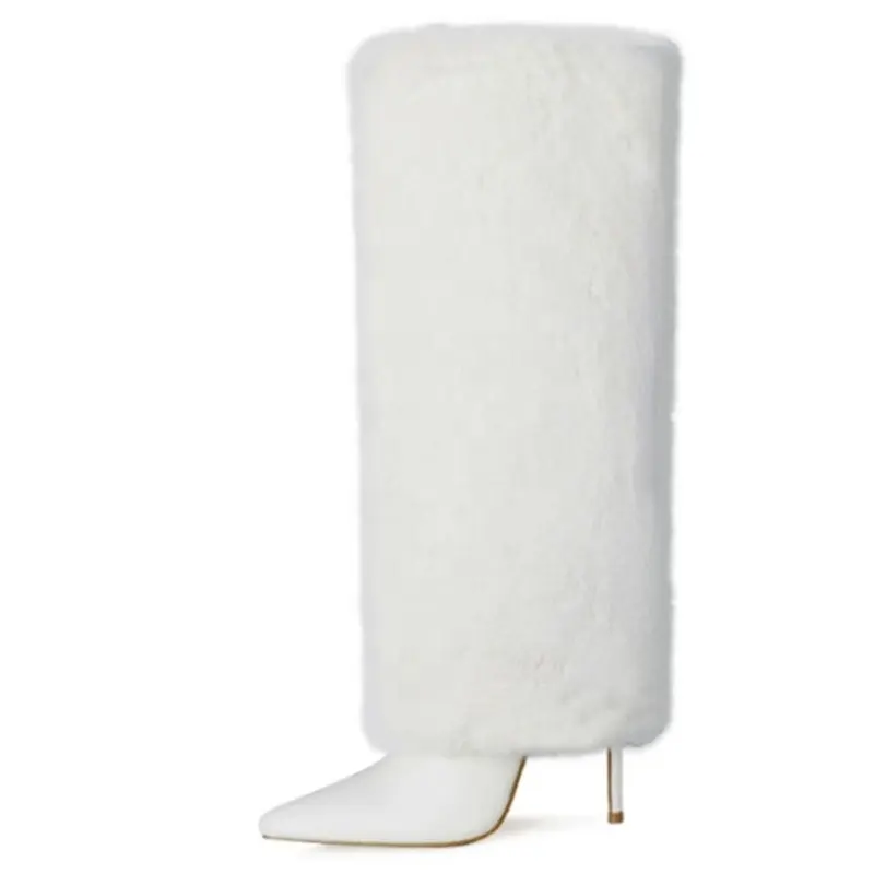 Sepatu Bot Bulu Panas Musim Dingin Sepatu Bot Salju Pendek Wanita Sepatu Hak Tinggi Stiletto Hitam Putih Sepatu Bot Ukuran Besar 43 2022
