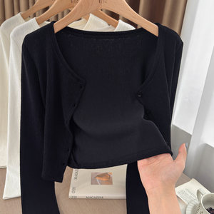 Aprikosenfarbene, langärmelige, dünne Mohair-Strickjacke im koreanischen Stil, atmungsaktiv, für Damen, Herbst, Rundhalsausschnitt, für den Alltag. - Product Image 2