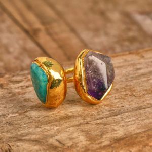 High Quality 18K Gold Plated Amazonite and Amethyst <strong>Rings</strong> <strong>Resizable</strong> for Anniversaries Wedding Bands - Product Image 1