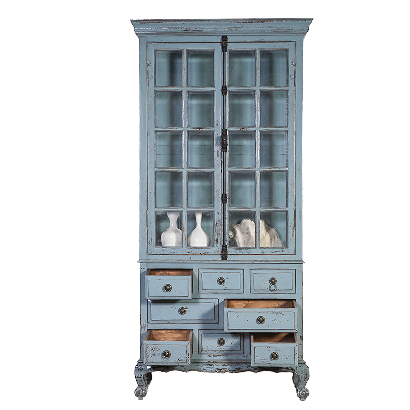 Vitrine, armoire vaisselier en bois/verre coloris blanc/gris - Longueur