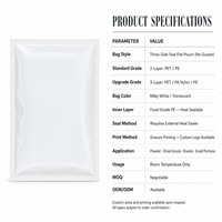 Sachet plat blanc laiteux à trois soudures latérales en PET/PE double couche de qualité alimentaire, avec logo imprimé en gravure personnalisé pour le remplissage de poudre protéinée