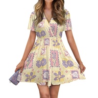 Robe d'été décontractée à col en V, longueur genou, manches courtes, respirante, pour les vacances à la plage (spandex/polyester) - Fabrication sur demande