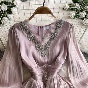 2026 Spring Collection Women's Long-Sleeved Silk Floor-Length <strong>Dress</strong> One Size Fits <strong>All</strong> Sweet <strong>Ruffles</strong> Digital Front Breathable - Product Image 5