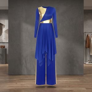 Women Blue Gold Ballet <b>Dance</b> <b>Dress</b> Long Sleeve Wide Leg Performance Costume Adult Professional Competition Wear Silk/Cotton - Product Image 3