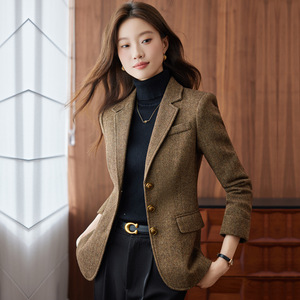 Women's Wool Blazer Brown Solid Color Anti-Wrinkle Autumn Spring Commuter Suit - Product Image 1