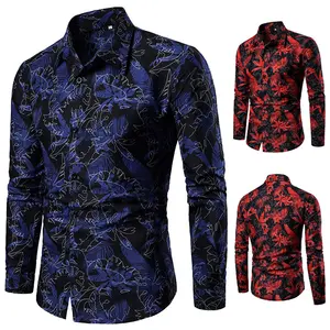 Mannen Dress Shirts Lange Mouwen Formele 100 Polyester Hawaiian Shirts Vintage Print Casual Slim Fit T-shirt