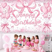 Latar Belakang Pesta Ulang Tahun Pita Merah Muda Lucu, Balon Pita Merah Muda, Spanduk Selamat Ulang Tahun, Latar Belakang Fotografi untuk Perlengkapan Pesta Anak Perempuan