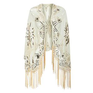 Women's 1920s Scarf Wraps Sequin Fringed Wedding <strong>Cape</strong> Evening Shawl Vintage Prom Wedding Party <strong>Mesh</strong> Cover up Dress Accessories - Product Image 3