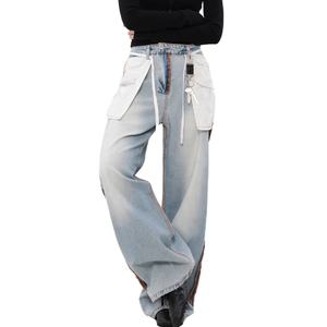 Jeans unisexe coupe droite style streetwear, design inversé, vintage, délavage bleu clair, 100% coton, coupe ample pour homme - Product Image 3