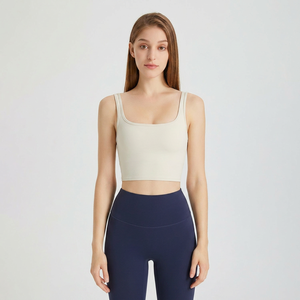 Top corto de yoga para mujer al por mayor con cuello cuadrado, tirantes finos dobles, almohadillas extraíbles, ajuste ceñido, para pilates y gimnasio - Product Image 5