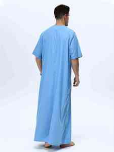 <b>Men's</b> Light Blue Cotton <b>Thobe</b> Short Sleeve Floor Length Casual Loose Fit Round Neck Embroidered Pocket Daily Wear Middle East - Product Image 2
