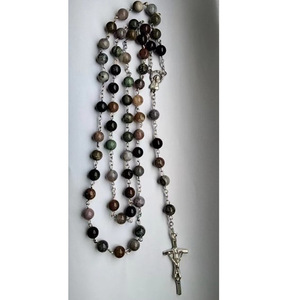 Collar de cuentas de ágata india natural con colgante de cruz para ceremonias religiosas, joyería unisex RN-002 - Product Image 2