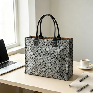 <b>Grey</b> Geometric Jacquard Women Top Handle <b>Tote</b> <b>Bag</b> Large Capacity Handbag For Office Work Daily Shopping - Product Image 3