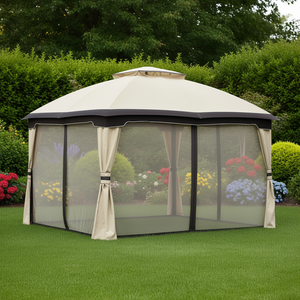 ศาลาทรงสี่เหลี่ยมขนาด 10x12 ฟุต สีเบจ โครงเหล็ก พร้อมหลังคาแบบมีช่องระบายอากาศและผนังตาข่าย สำหรับใช้ในสวนหลังบ้าน - Product Image 2