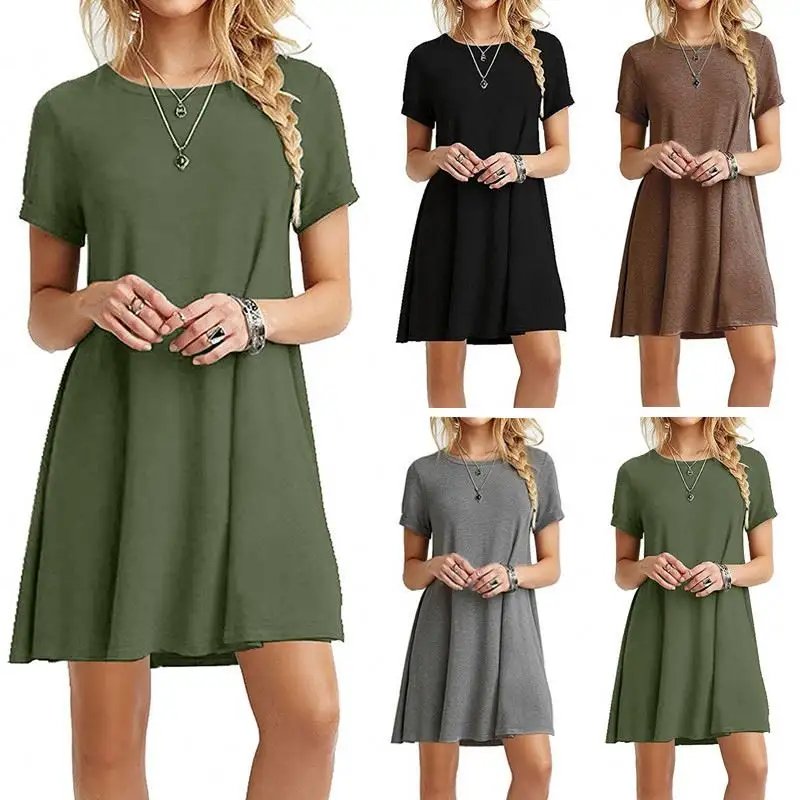 Latest Women Summer Short Sleeve Dresses Fashion Women's Solid Color Clothing Girls Daily O-neck Simple A-line Casual Dress