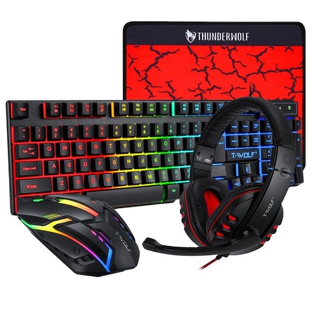 All In One Gaming Combo Backlit Character Keyboard Color Breathing Light Mouse Wired Headphone Portable Desktop Accessory Set
