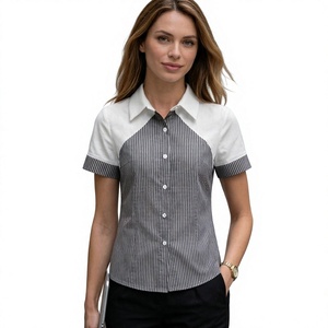 Chemise boutonnée en popeline rayée à manches courtes pour femme, col contrastant, style classique de bureau, 100 % coton, printemps - Product Image 1