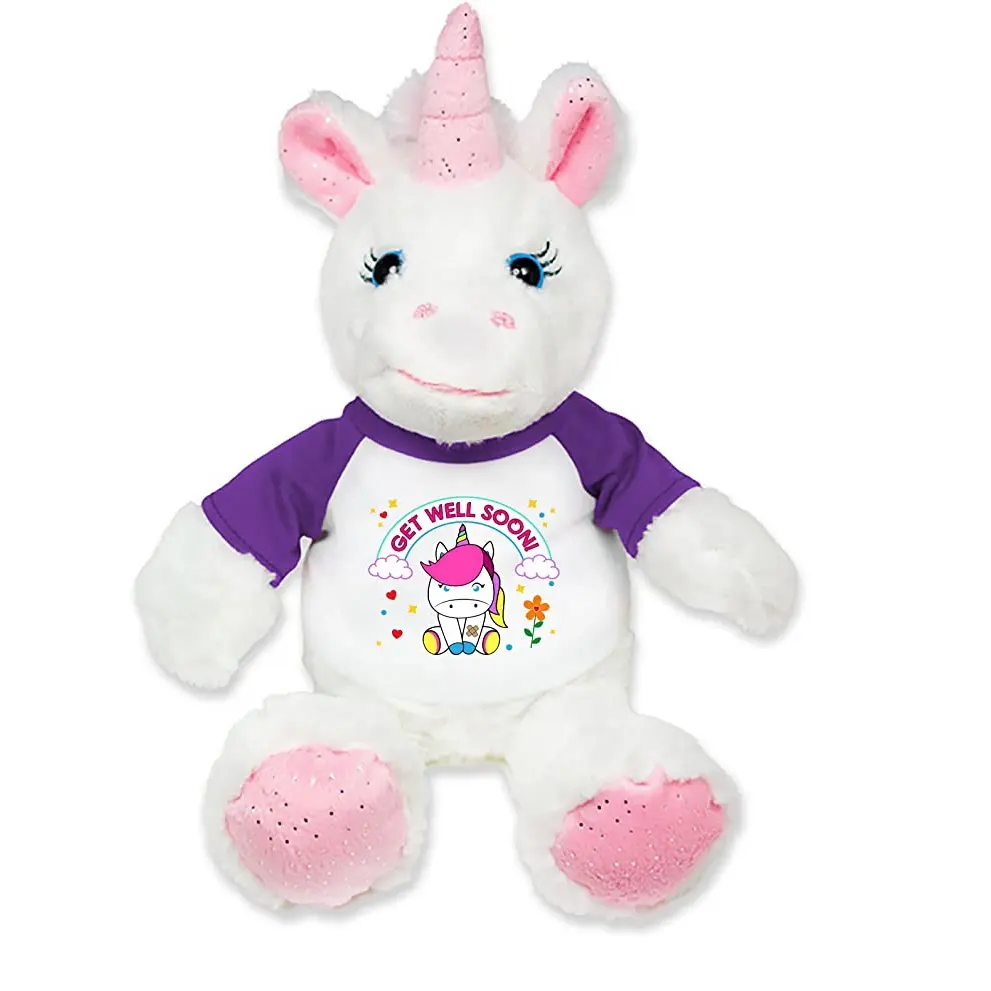 OEM Buat desain Anda sendiri mainan boneka Unicorn 8 inci dengan cetakan kustom kaus lembut merah muda mewah segera Unicorn