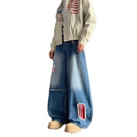 Jean unisexe streetwear coupe ample et large, coupe mi-longue, style rétro américain, avec patch brodé et motif écossais, coupe-vent et écoresponsable, pour le marché transfrontalier