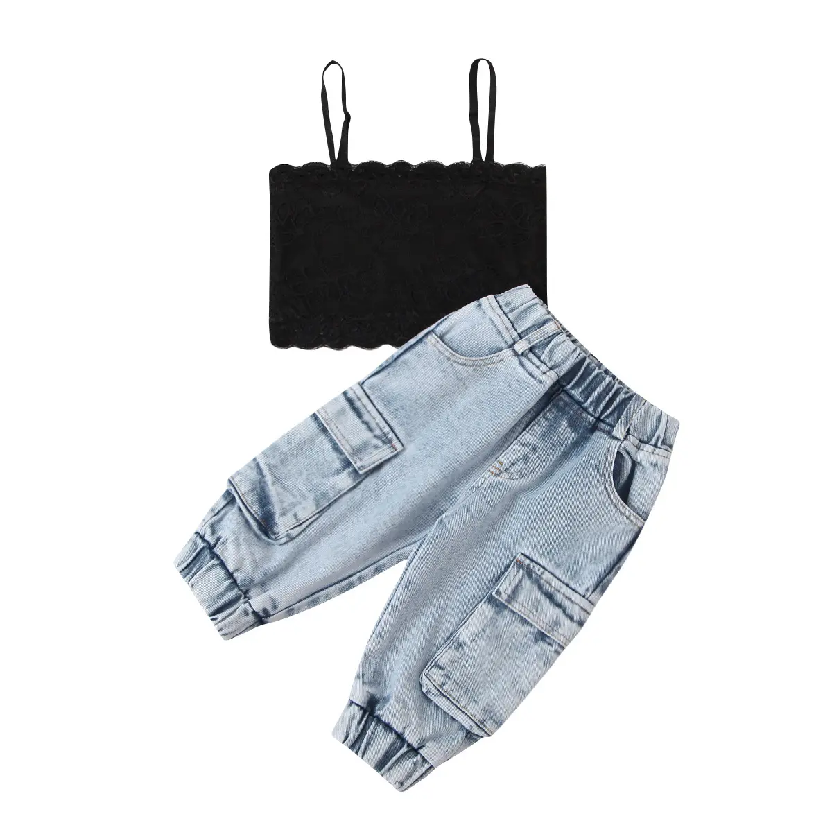 Children Lace Vest Top Washed Jeans Denim Baby Outfit 2pcs Set Summer Suit Kids Girls Clothes